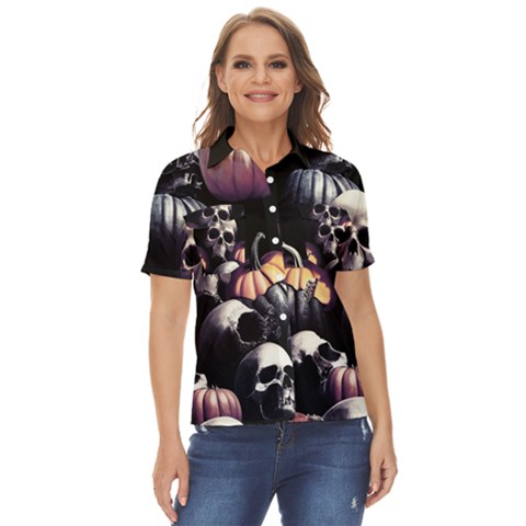 Halloween Party Skulls, Demonic Pumpkins Pattern Women s Short Sleeve Double Pocket Shirt by Casemiro