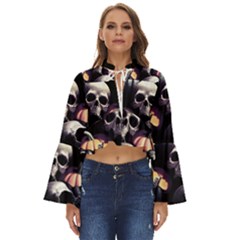 Halloween Party Skulls, Demonic Pumpkins Pattern Boho Long Bell Sleeve Top