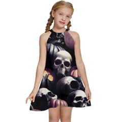 Halloween Party Skulls, Demonic Pumpkins Pattern Kids  Halter Collar Waist Tie Chiffon Dress by Casemiro