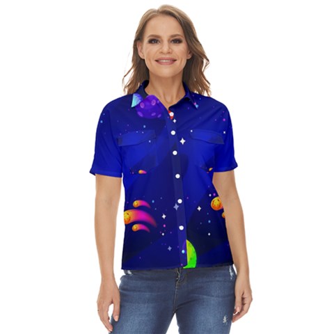 Artistic Space Planet Women s Short Sleeve Double Pocket Shirt by danenraven