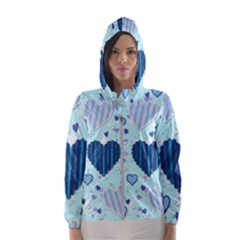 Hearts Pattern Paper Wallpaper Blue Background Women s Hooded Windbreaker by Wegoenart