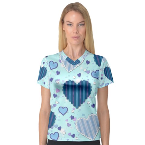 Hearts Pattern Paper Wallpaper Blue Background V-neck Sport Mesh Tee by Wegoenart