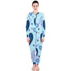 Hearts Pattern Paper Wallpaper Blue Background Onepiece Jumpsuit (ladies) by Wegoenart