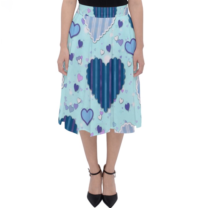 Hearts Pattern Paper Wallpaper Blue Background Classic Midi Skirt