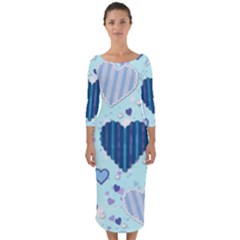 Hearts Pattern Paper Wallpaper Blue Background Quarter Sleeve Midi Bodycon Dress by Wegoenart