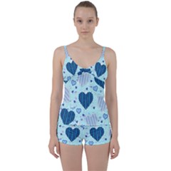 Hearts Pattern Paper Wallpaper Blue Background Tie Front Two Piece Tankini by Wegoenart