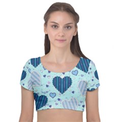 Hearts Pattern Paper Wallpaper Blue Background Velvet Short Sleeve Crop Top  by Wegoenart