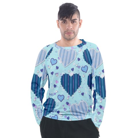 Hearts Pattern Paper Wallpaper Blue Background Men s Long Sleeve Raglan Tee by Wegoenart