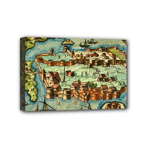 Medeival Ancient Map Fortress Island Seaport Town Mini Canvas 6  X 4  (stretched) by Wegoenart