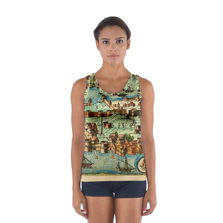 Medeival Ancient Map Fortress Island Seaport Town Sport Tank Top 