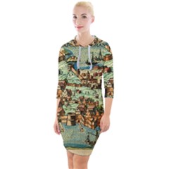 Medeival Ancient Map Fortress Island Seaport Town Quarter Sleeve Hood Bodycon Dress by Wegoenart