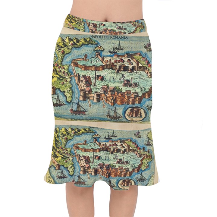 Medeival Ancient Map Fortress Island Seaport Town Short Mermaid Skirt