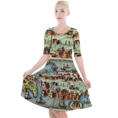 Medeival Ancient Map Fortress Island Seaport Town Quarter Sleeve A-line Dress by Wegoenart