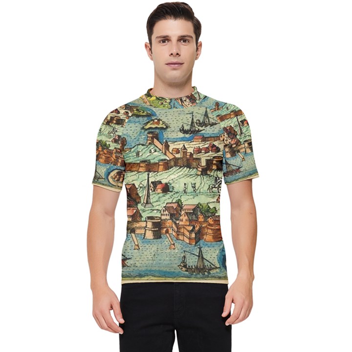 Medeival Ancient Map Fortress Island Seaport Town Men s Short Sleeve Rash Guard