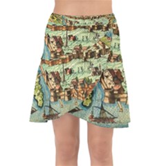 Medeival Ancient Map Fortress Island Seaport Town Wrap Front Skirt by Wegoenart