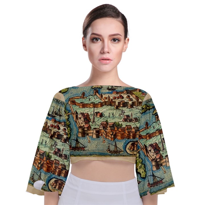 Medeival Ancient Map Fortress Island Seaport Town Tie Back Butterfly Sleeve Chiffon Top