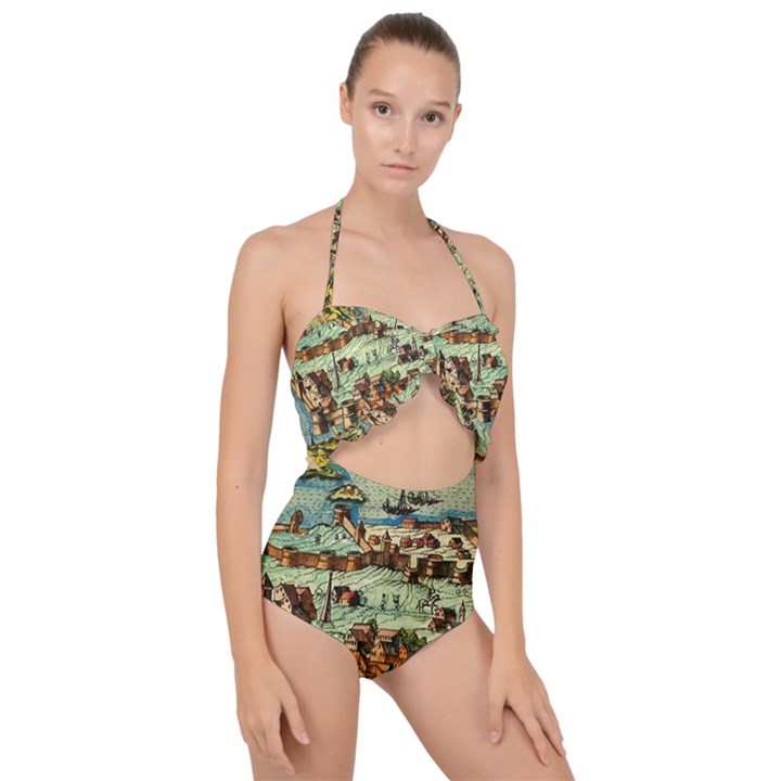 Medeival Ancient Map Fortress Island Seaport Town Scallop Top Cut Out Swimsuit