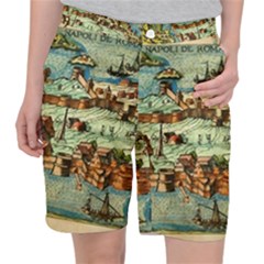 Medeival Ancient Map Fortress Island Seaport Town Pocket Shorts by Wegoenart