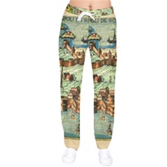 Medeival Ancient Map Fortress Island Seaport Town Women Velvet Drawstring Pants by Wegoenart