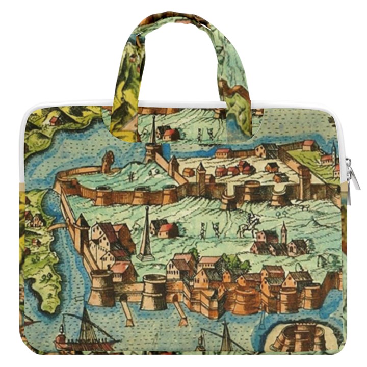 Medeival Ancient Map Fortress Island Seaport Town MacBook Pro 13  Double Pocket Laptop Bag