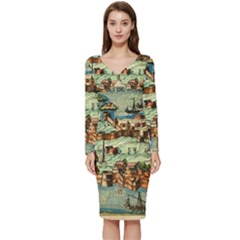 Medeival Ancient Map Fortress Island Seaport Town Long Sleeve V-neck Bodycon Dress  by Wegoenart