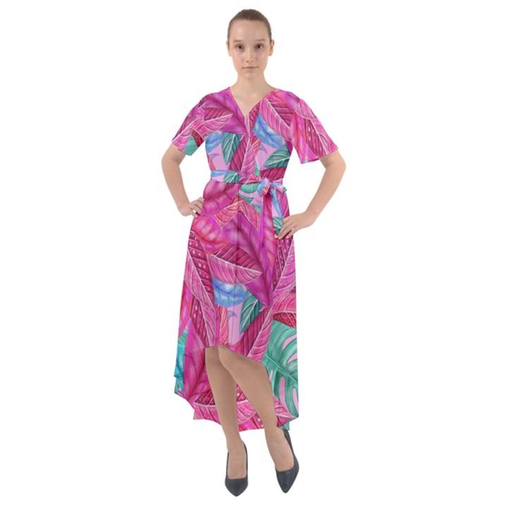 Sheets Tropical Reason Print Pattern Design Front Wrap High Low Dress