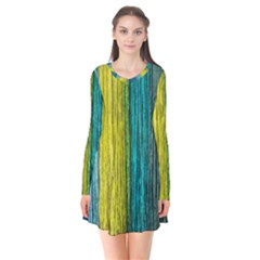 Line Rope Fiber Close Up Multicoloured Background Long Sleeve V-neck Flare Dress by Wegoenart