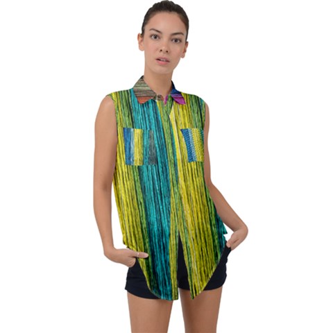 Line Rope Fiber Close Up Multicoloured Background Sleeveless Chiffon Button Shirt by Wegoenart