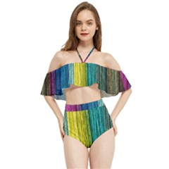 Line Rope Fiber Close Up Multicoloured Background Halter Flowy Bikini Set  by Wegoenart