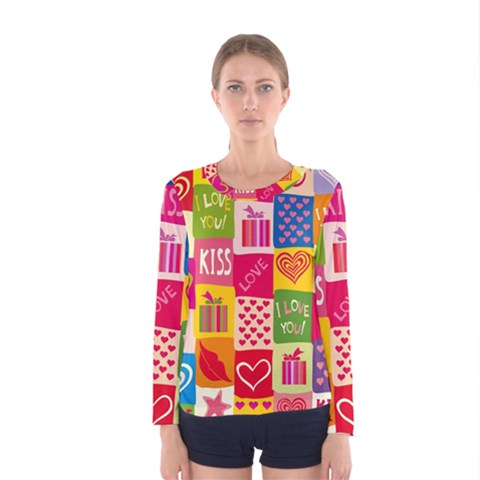 Multicolored Gift Wrap Decor Love Colorful Hearts I Love You Women s Long Sleeve Tee by Wegoenart