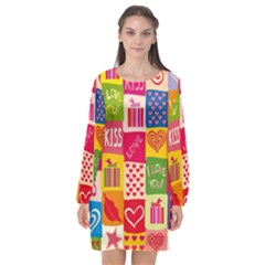 Multicolored Gift Wrap Decor Love Colorful Hearts I Love You Long Sleeve Chiffon Shift Dress  by Wegoenart