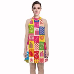 Multicolored Gift Wrap Decor Love Colorful Hearts I Love You Velvet Halter Neckline Dress 