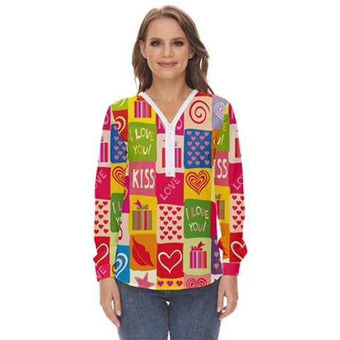 Multicolored Gift Wrap Decor Love Colorful Hearts I Love You Zip Up Long Sleeve Blouse by Wegoenart