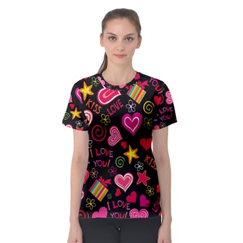 Multicolored Wallpaper, Love Vector Hearts Background Romantic Women s Sport Mesh Tee by Wegoenart