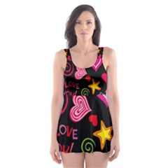 Multicolored Wallpaper, Love Vector Hearts Background Romantic Skater Dress Swimsuit by Wegoenart