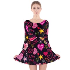 Multicolored Wallpaper, Love Vector Hearts Background Romantic Long Sleeve Velvet Skater Dress by Wegoenart