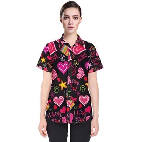 Multicolored Wallpaper, Love Vector Hearts Background Romantic Women s Short Sleeve Shirt by Wegoenart