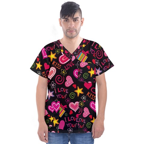 Multicolored Wallpaper, Love Vector Hearts Background Romantic Men s V-neck Scrub Top by Wegoenart