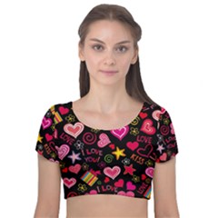 Multicolored Wallpaper, Love Vector Hearts Background Romantic Velvet Short Sleeve Crop Top  by Wegoenart