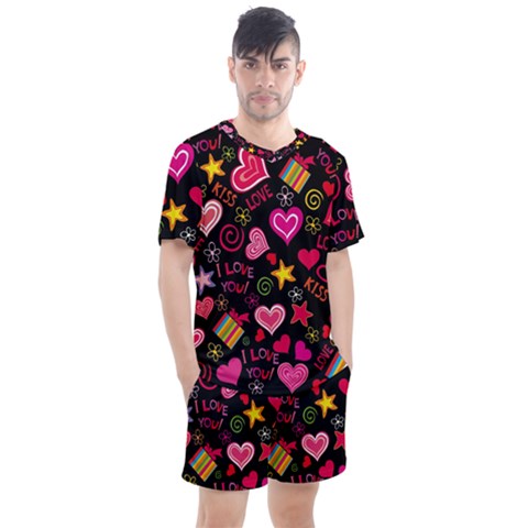 Multicolored Wallpaper, Love Vector Hearts Background Romantic Men s Mesh Tee And Shorts Set by Wegoenart