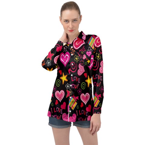 Multicolored Wallpaper, Love Vector Hearts Background Romantic Long Sleeve Satin Shirt by Wegoenart