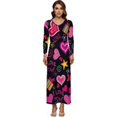 Multicolored Wallpaper, Love Vector Hearts Background Romantic Long Sleeve Velour Longline Maxi Dress by Wegoenart