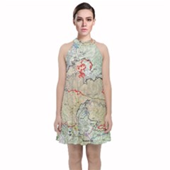 Misc Map Wallpaper Velvet Halter Neckline Dress 