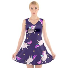 Fantasy Fat Unicorn Horse-pattern Fabric Design V-neck Sleeveless Dress by Wegoenart