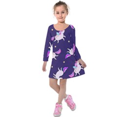 Fantasy Fat Unicorn Horse-pattern Fabric Design Kids  Long Sleeve Velvet Dress by Wegoenart