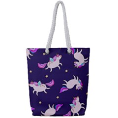 Fantasy Fat Unicorn Horse-pattern Fabric Design Full Print Rope Handle Tote (small)