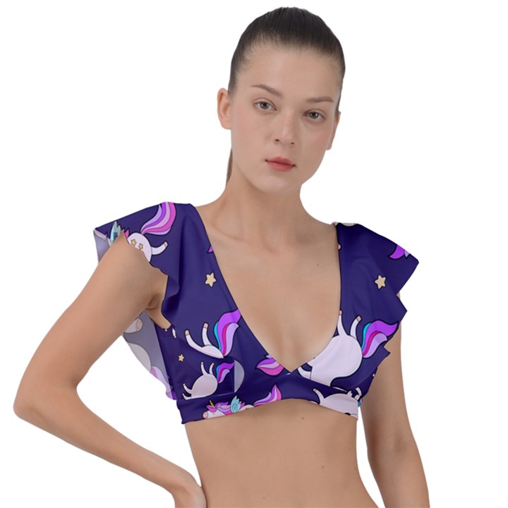 Fantasy Fat Unicorn Horse-pattern Fabric Design Plunge Frill Sleeve Bikini Top