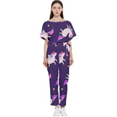 Fantasy Fat Unicorn Horse-pattern Fabric Design Batwing Lightweight Chiffon Jumpsuit by Wegoenart