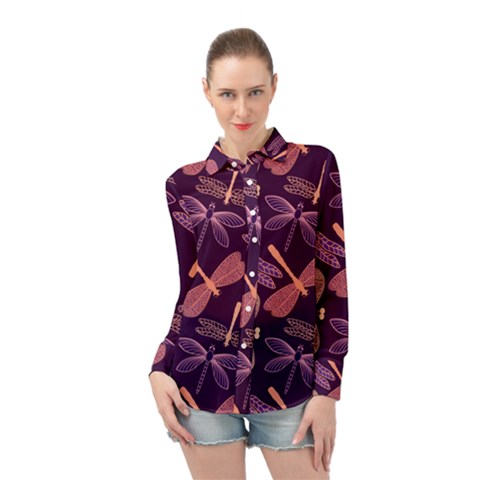 Dragonfly Pattern Design Long Sleeve Chiffon Shirt by Wegoenart