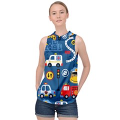 Car Cars Seamless Pattern Vector Rescue Team Cartoon High Neck Satin Top by Wegoenart